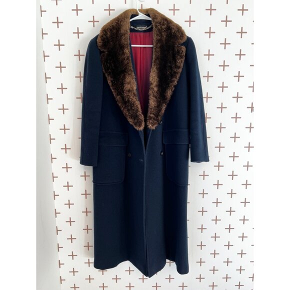 Vintage Harvè Bernard Long Navy Wool Coat with Brown Faux Fur Collar - Picture 2 of 6